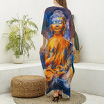 Buddha Statue Mandala Print Silk V-Neck Kaftan Dress