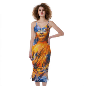 Buddha Statue Mandala Print Slim Fit Midi Cami Dress