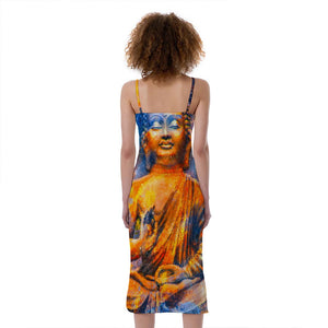 Buddha Statue Mandala Print Slim Fit Midi Cami Dress