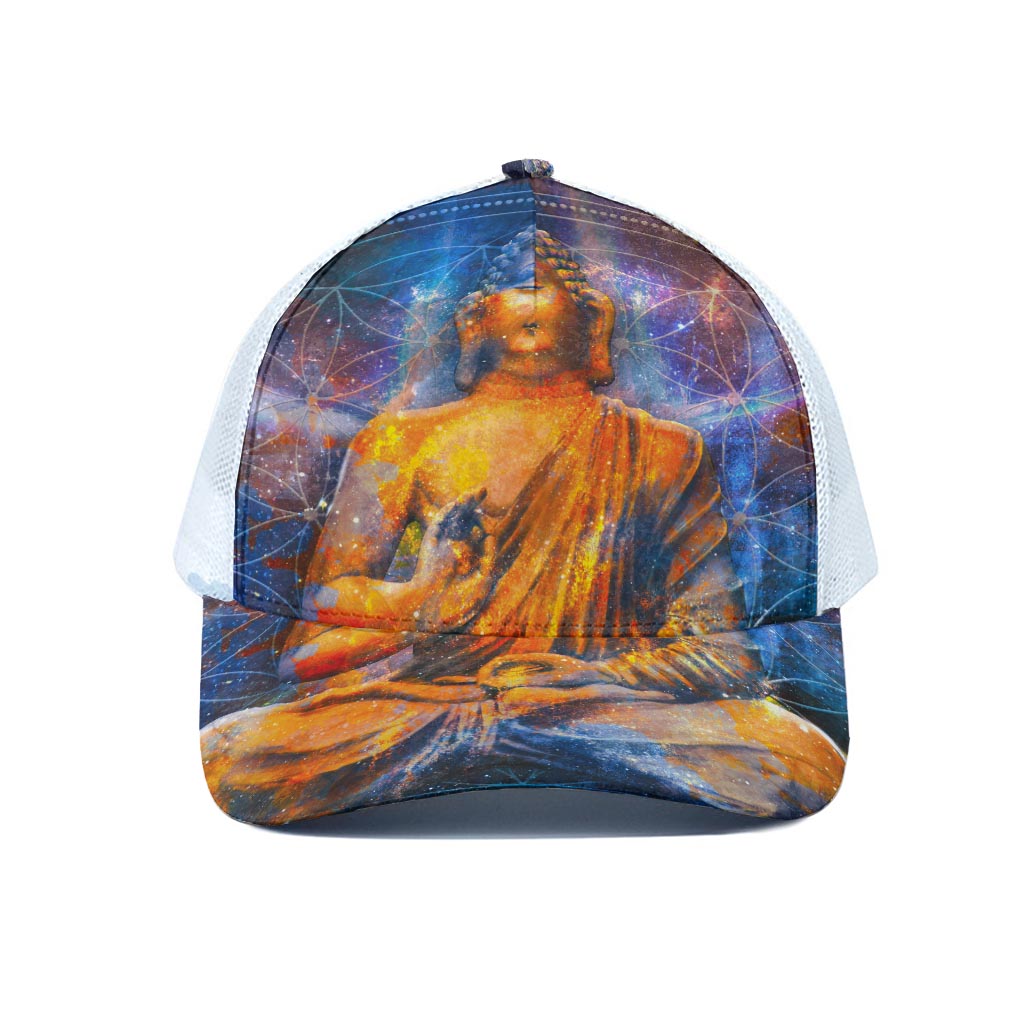 Buddha Statue Mandala Print White Mesh Trucker Cap