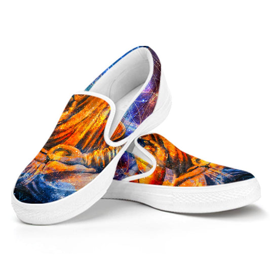 Buddha Statue Mandala Print White Slip On Sneakers