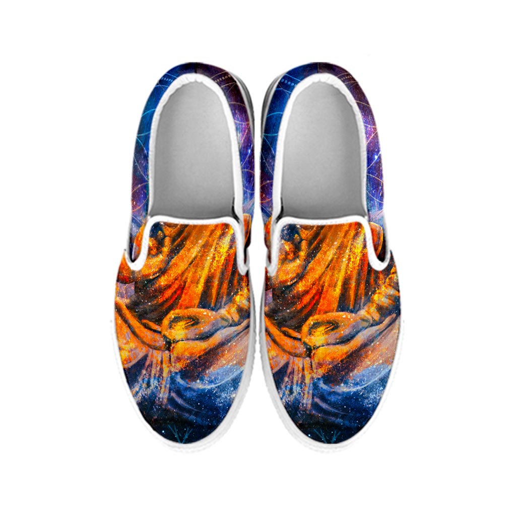 Buddha Statue Mandala Print White Slip On Sneakers