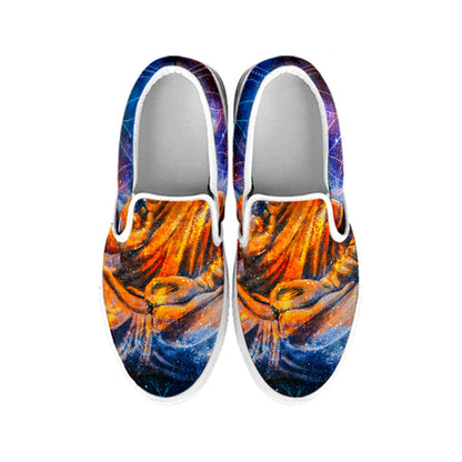 Buddha Statue Mandala Print White Slip On Sneakers