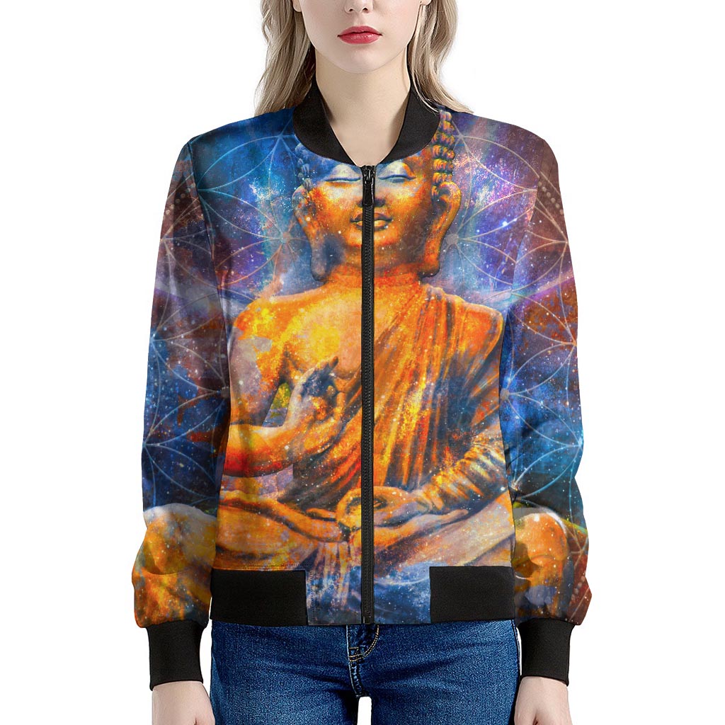 Buddha Statue Mandala Print Women's Bomber Jacket