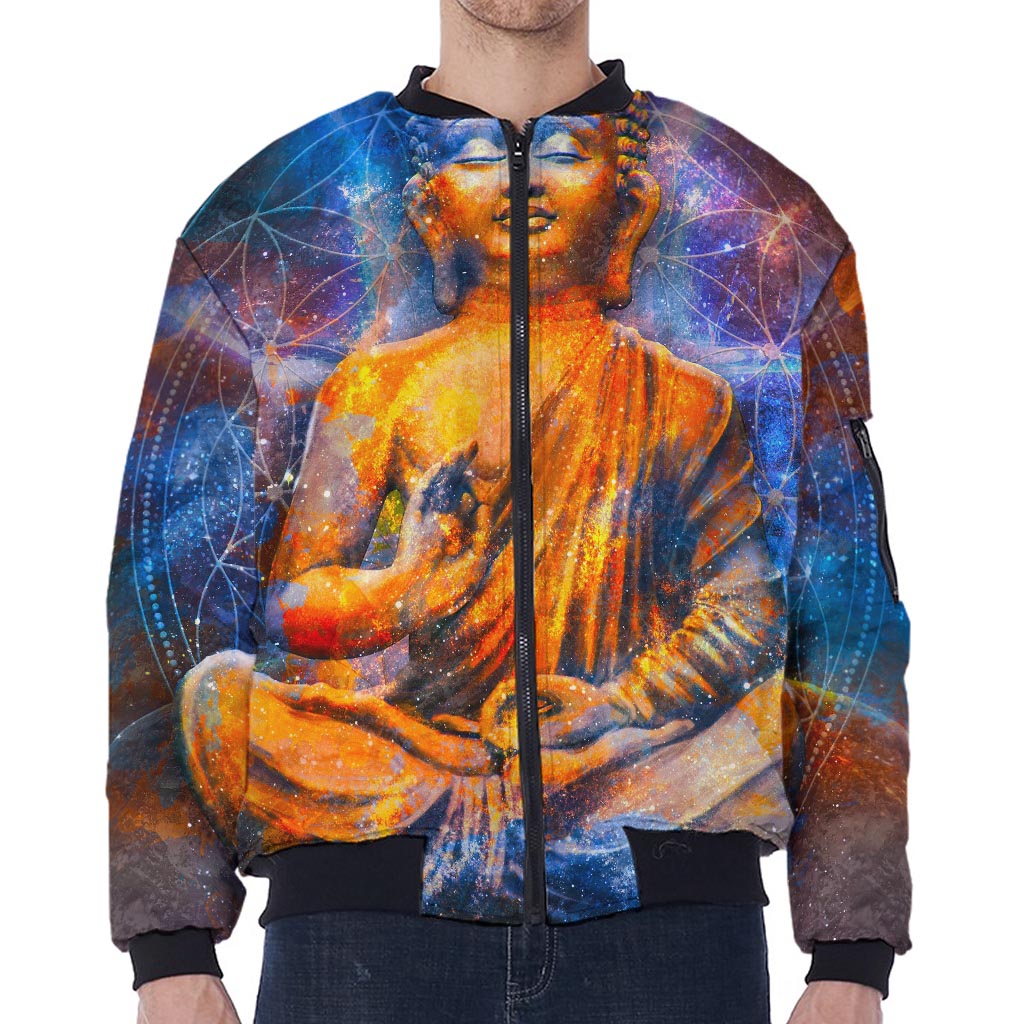 Buddha Statue Mandala Print Zip Sleeve Bomber Jacket