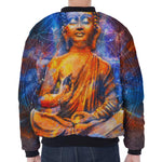 Buddha Statue Mandala Print Zip Sleeve Bomber Jacket