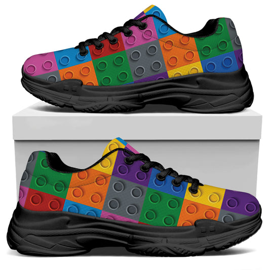 Building Blocks Toy Pattern Print Black Chunky Shoes