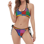 Building Blocks Toy Pattern Print Halter Scoop Tie Side Bikini