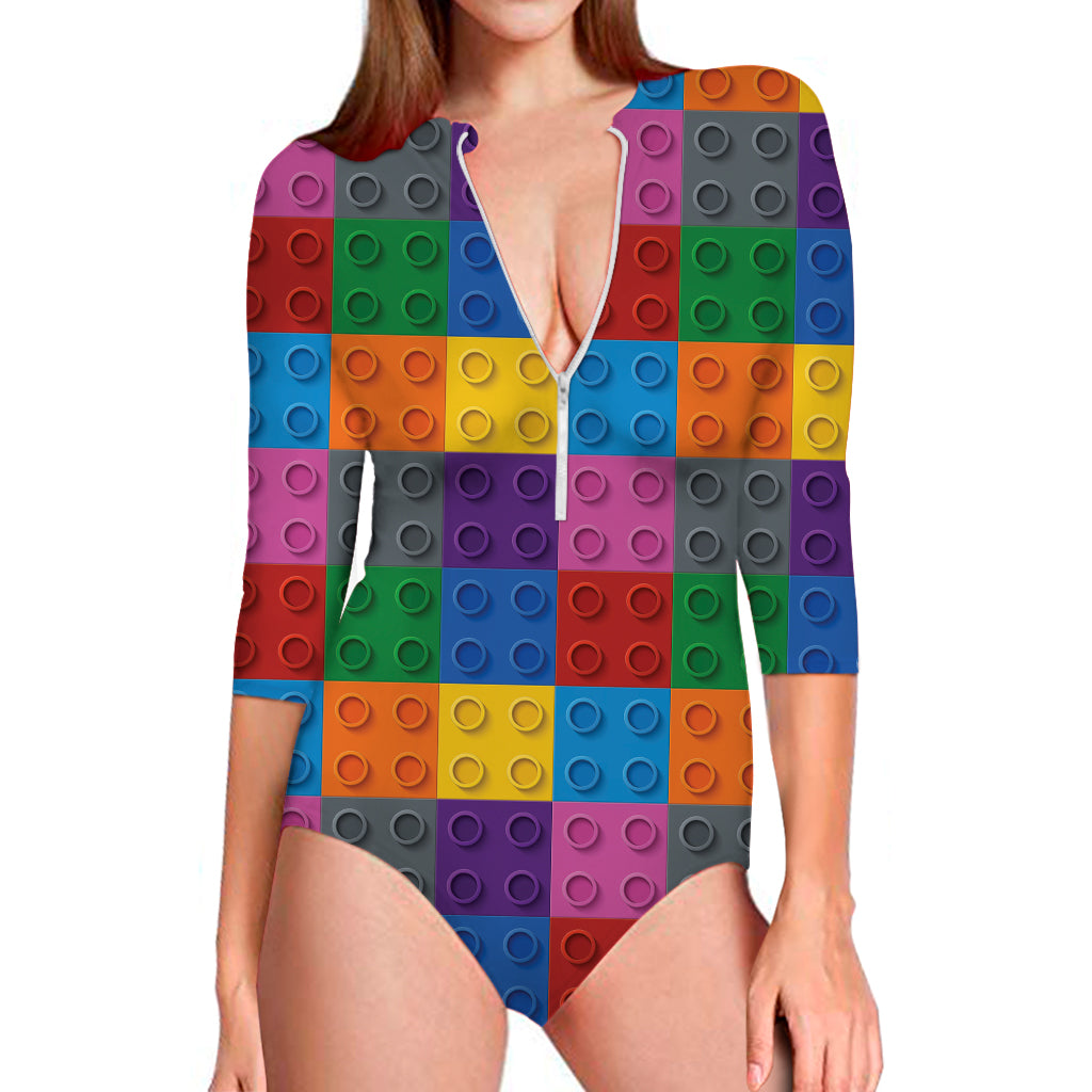 Building Blocks Toy Pattern Print Long Sleeve Swimsuit