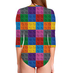Building Blocks Toy Pattern Print Long Sleeve Swimsuit