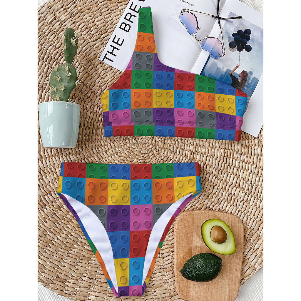 Building Blocks Toy Pattern Print One Shoulder Bikini Top