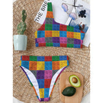 Building Blocks Toy Pattern Print One Shoulder Bikini Top