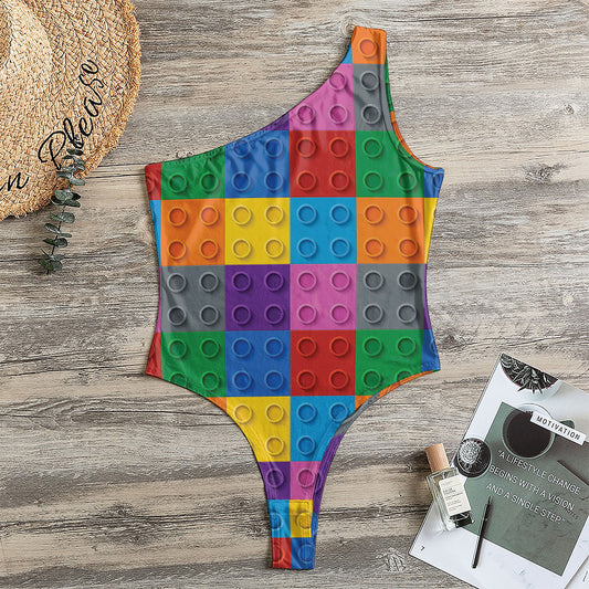 Building Blocks Toy Pattern Print One Shoulder Bodysuit