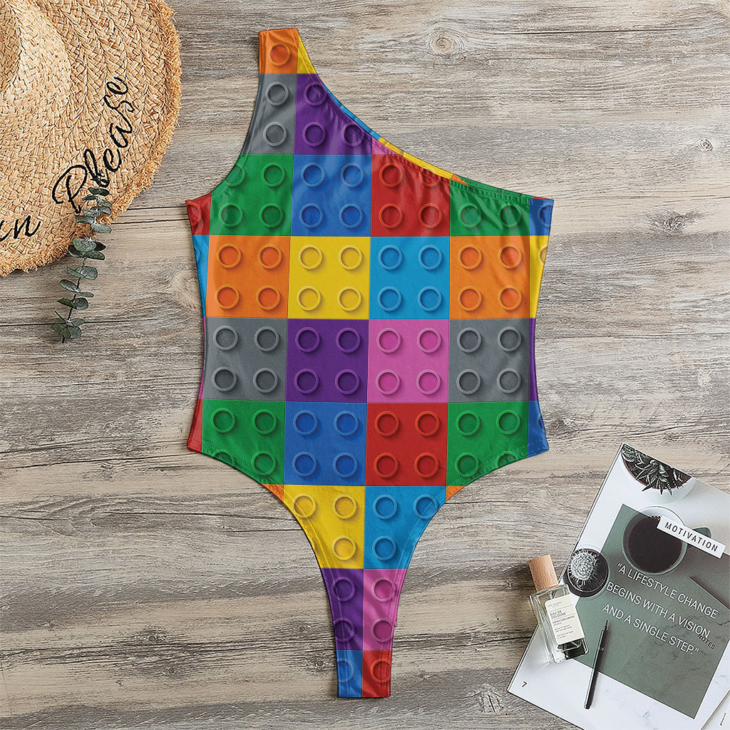 Building Blocks Toy Pattern Print One Shoulder Bodysuit