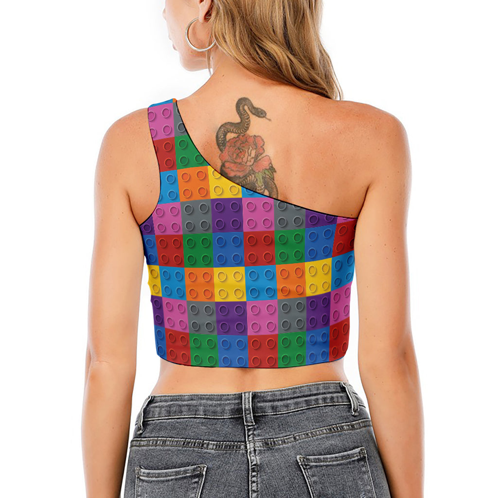 Building Blocks Toy Pattern Print One Shoulder Crop Top
