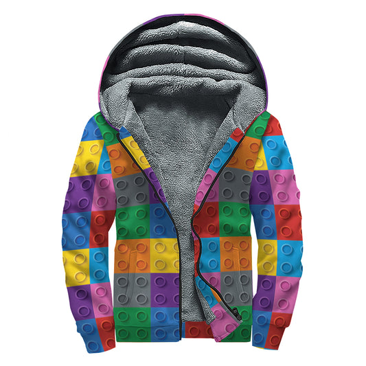Building Blocks Toy Pattern Print Sherpa Lined Zip Up Hoodie