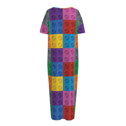 Building Blocks Toy Pattern Print Short Sleeve Long Nightdress