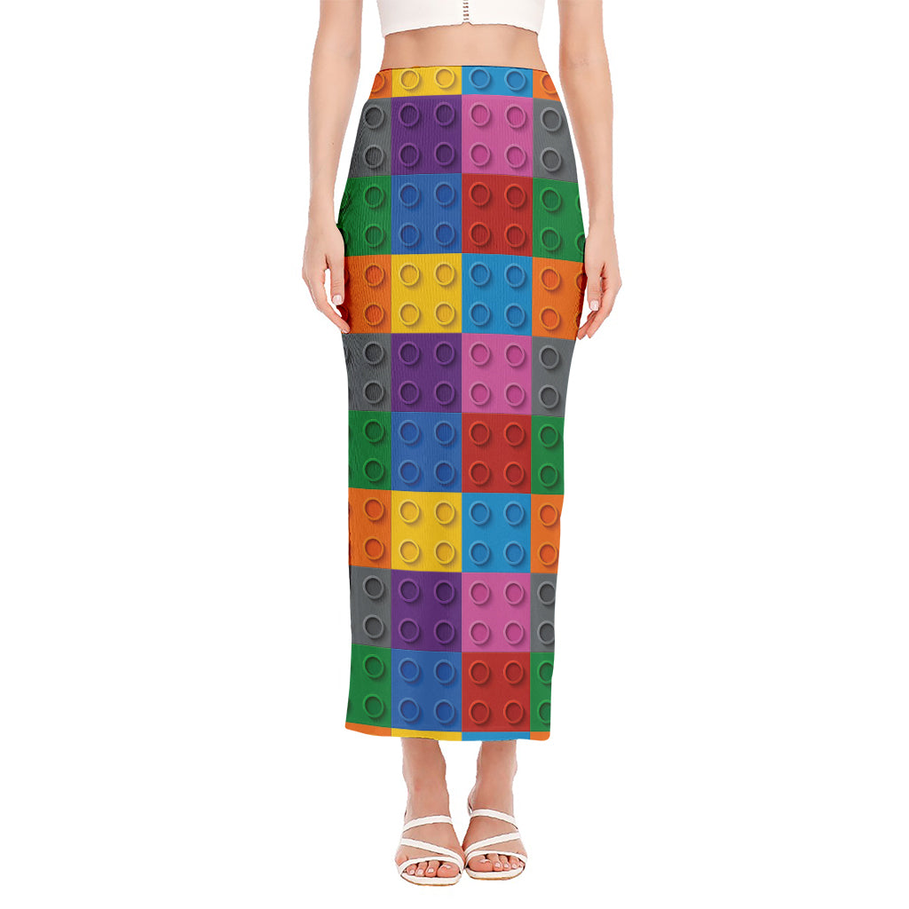 Building Blocks Toy Pattern Print Side Slit Maxi Skirt