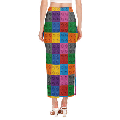 Building Blocks Toy Pattern Print Side Slit Maxi Skirt
