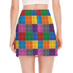 Building Blocks Toy Pattern Print Side Slit Mini Skirt