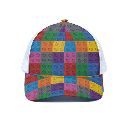 Building Blocks Toy Pattern Print White Mesh Trucker Cap