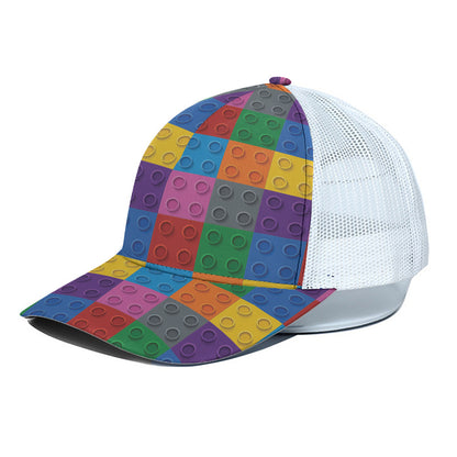 Building Blocks Toy Pattern Print White Mesh Trucker Cap