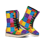 Building Blocks Toy Pattern Print Winter Boots