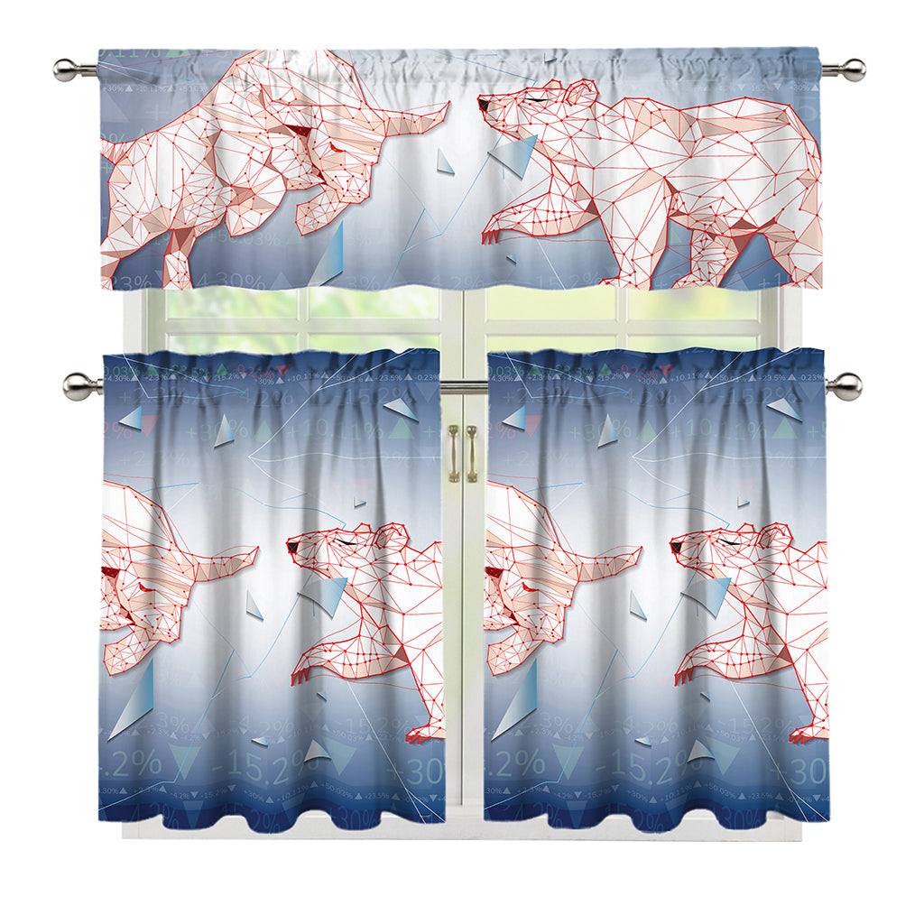 Bull And Bear Stock Market Print 3 Piece Kitchen Curtains