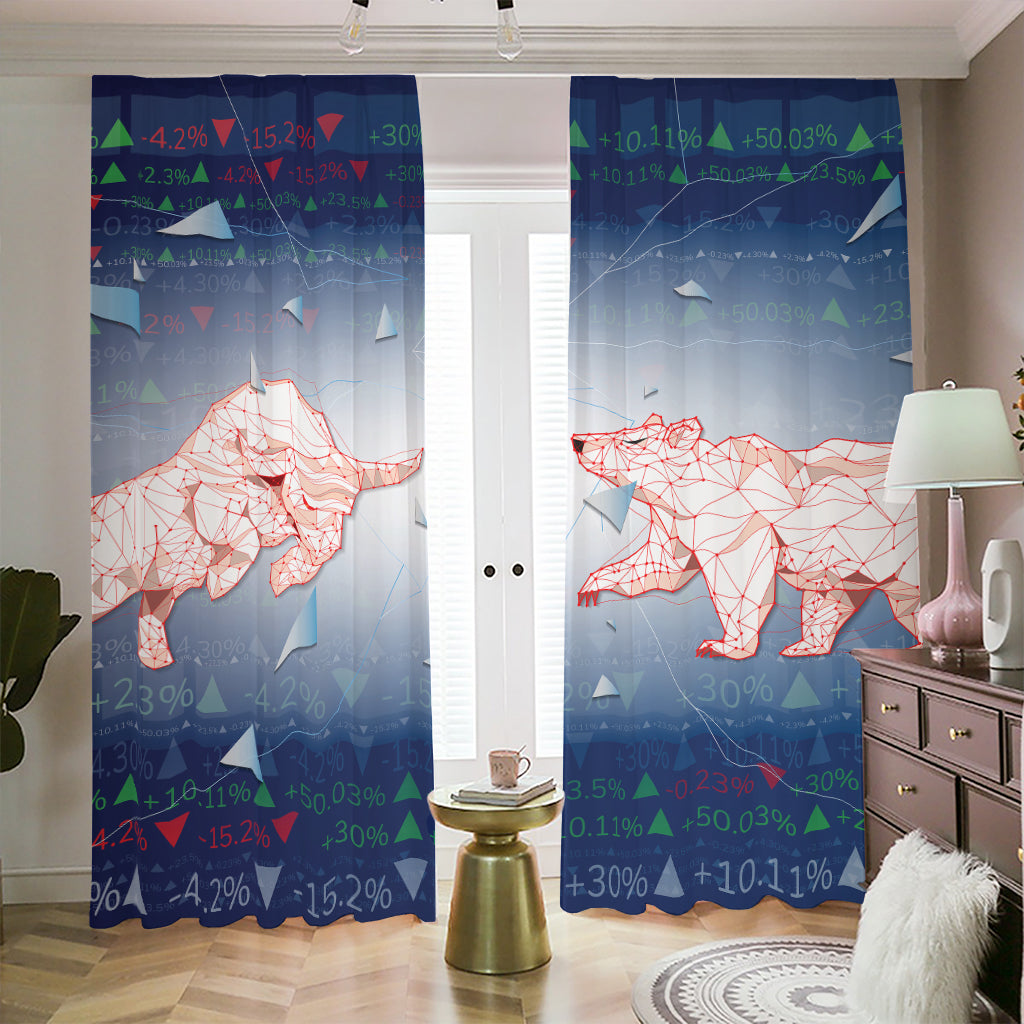 Bull And Bear Stock Market Print Blackout Pencil Pleat Curtains