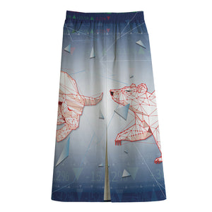 Bull And Bear Stock Market Print Cotton Front Slit Maxi Skirt