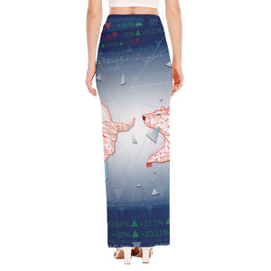 Bull And Bear Stock Market Print High Slit Maxi Skirt