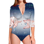 Bull And Bear Stock Market Print Long Sleeve Swimsuit