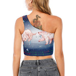 Bull And Bear Stock Market Print One Shoulder Crop Top