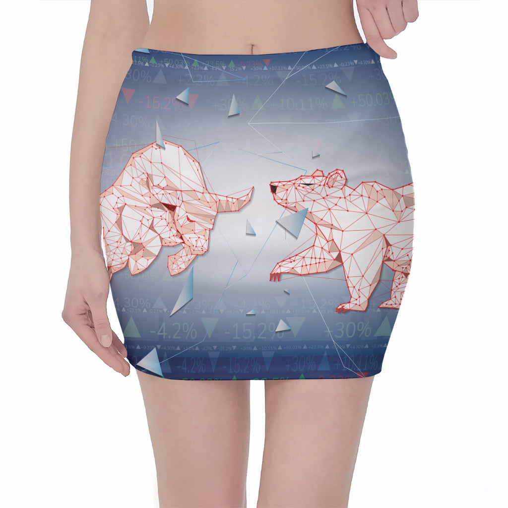 Bull And Bear Stock Market Print Pencil Mini Skirt