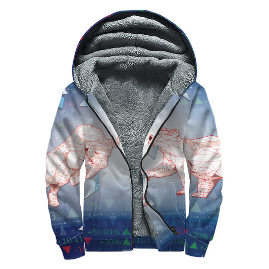 Bull And Bear Stock Market Print Sherpa Lined Zip Up Hoodie