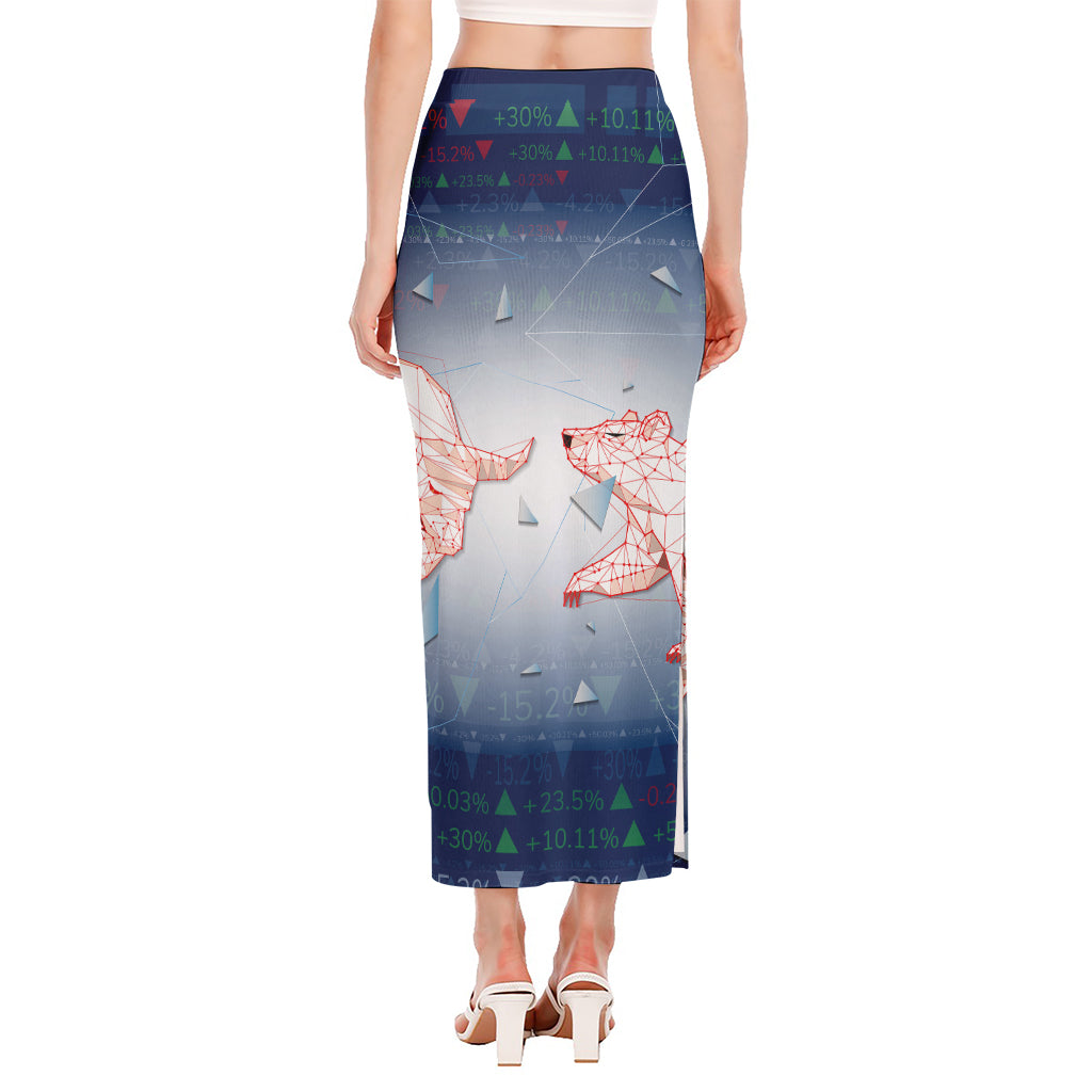 Bull And Bear Stock Market Print Side Slit Maxi Skirt