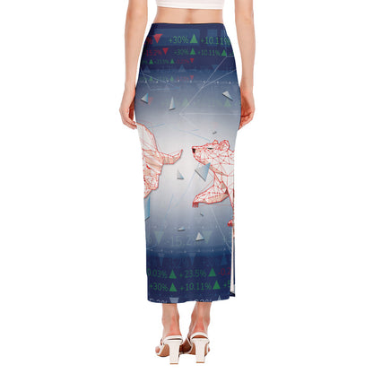 Bull And Bear Stock Market Print Side Slit Maxi Skirt