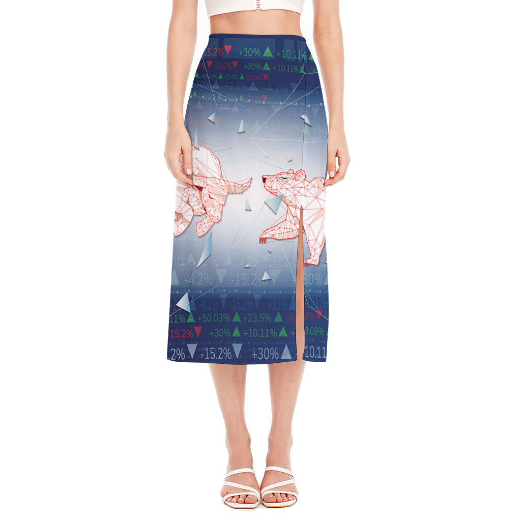 Bull And Bear Stock Market Print Side Slit Midi Skirt