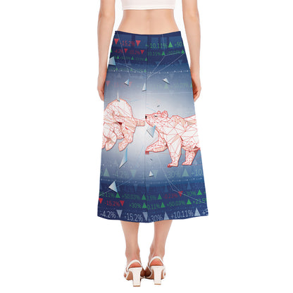 Bull And Bear Stock Market Print Side Slit Midi Skirt