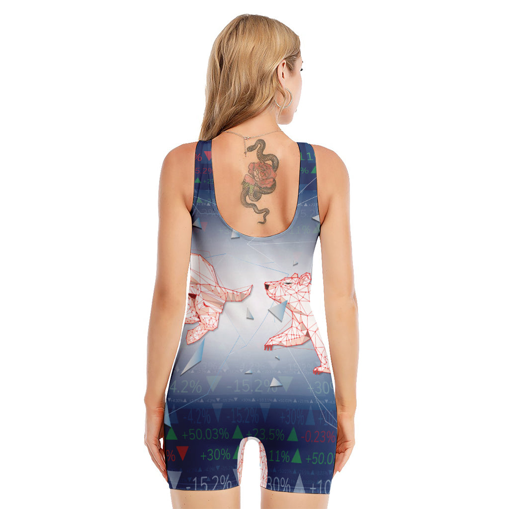 Bull And Bear Stock Market Print Sleeveless One Piece Swimsuit