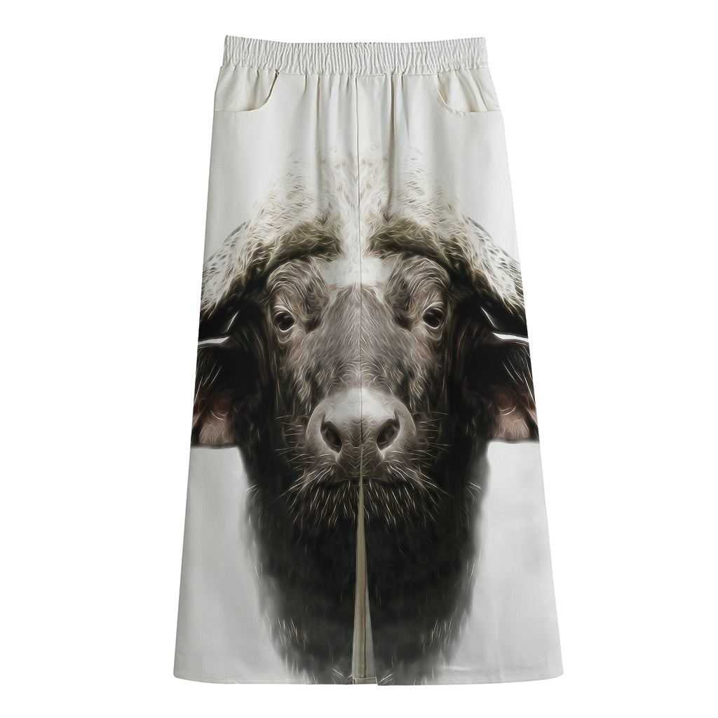 Bull Portrait Print Cotton Front Slit Maxi Skirt