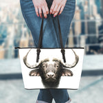 Bull Portrait Print Leather Tote Bag