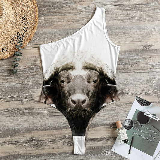 Bull Portrait Print One Shoulder Bodysuit