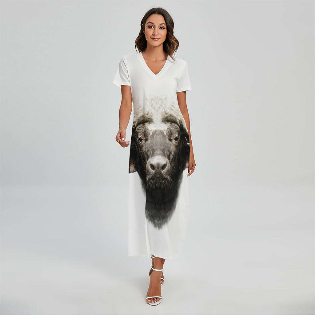 Bull Portrait Print Short Sleeve Maxi Dress