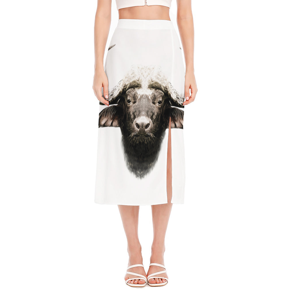 Bull Portrait Print Side Slit Midi Skirt