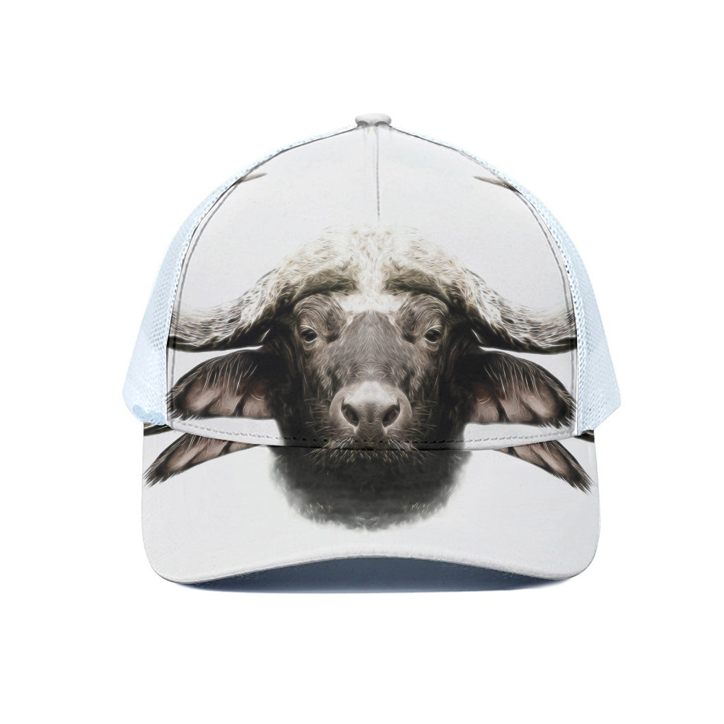 Bull Portrait Print White Mesh Trucker Cap