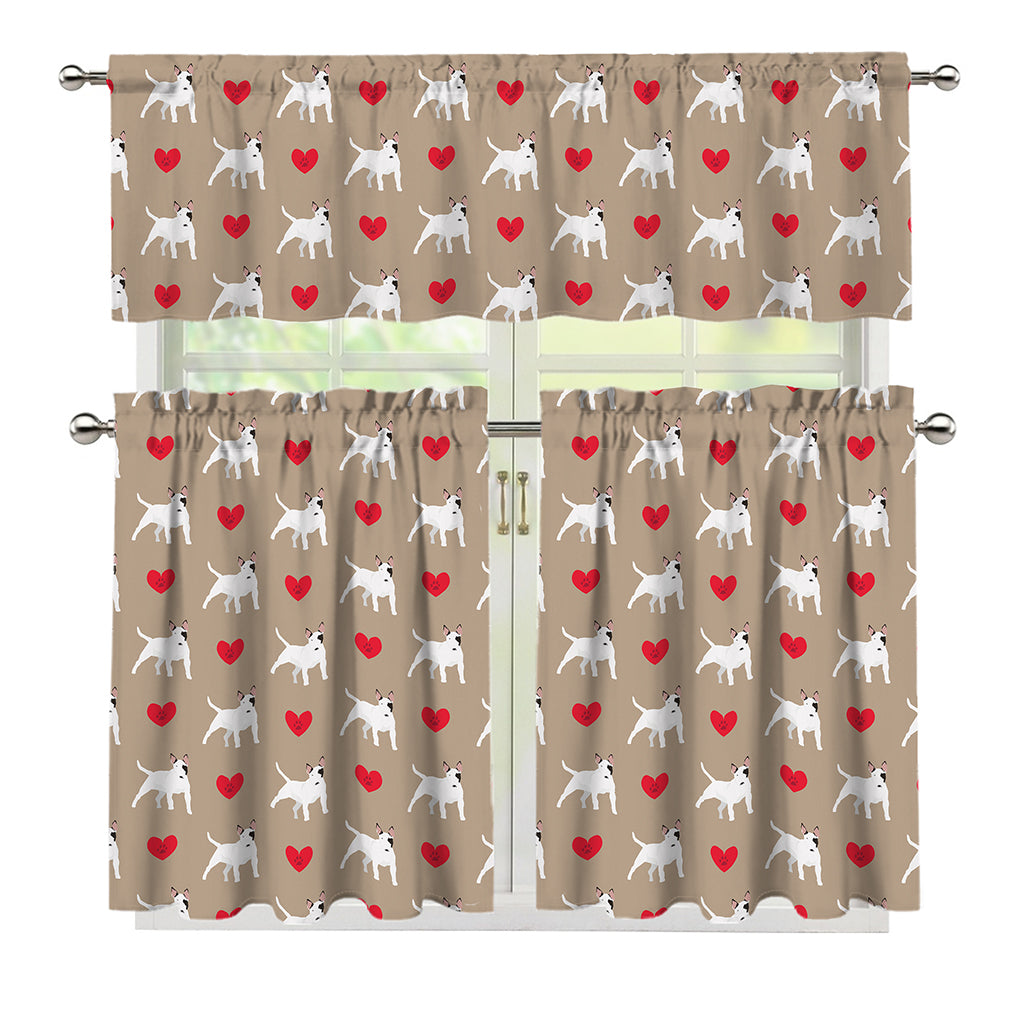 Bull Terrier Heart Pattern Print 3 Piece Kitchen Curtains