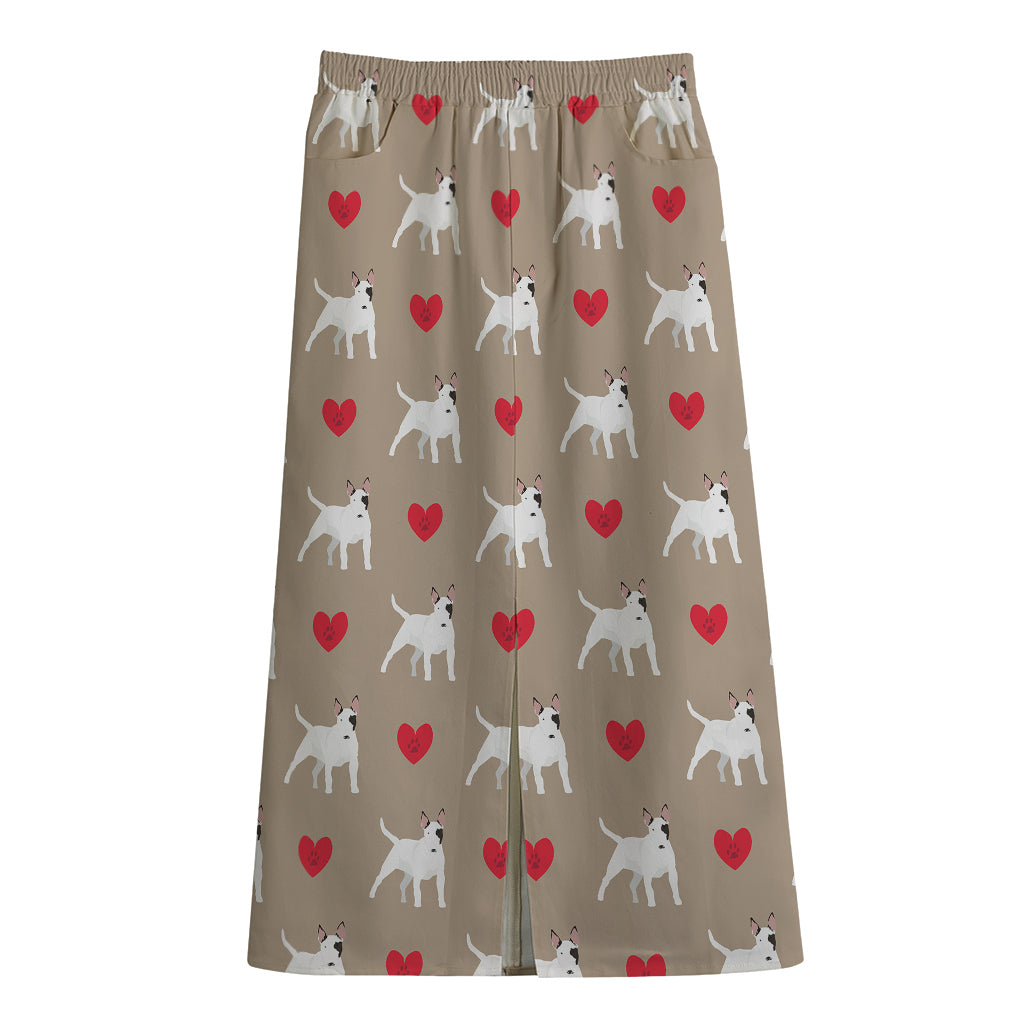 Bull Terrier Heart Pattern Print Cotton Front Slit Maxi Skirt