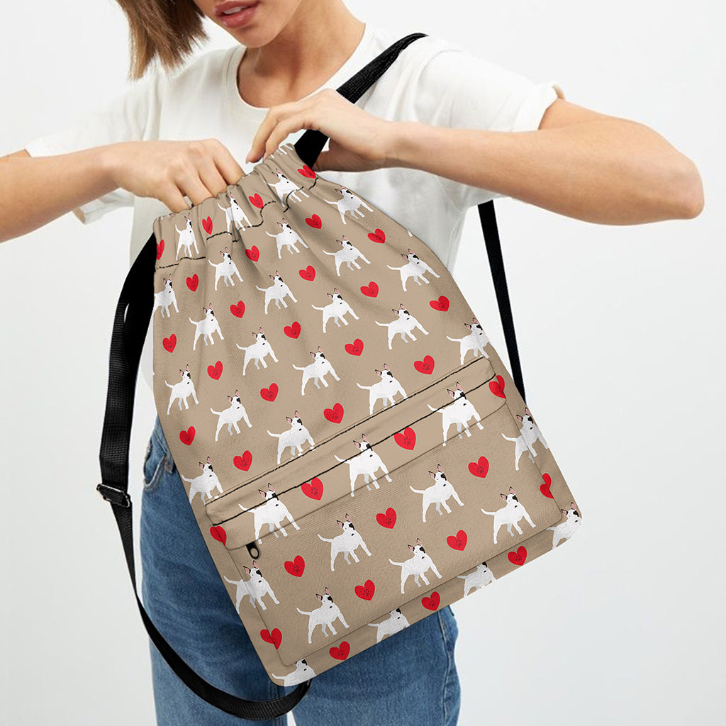 Bull Terrier Heart Pattern Print Drawstring Backpack