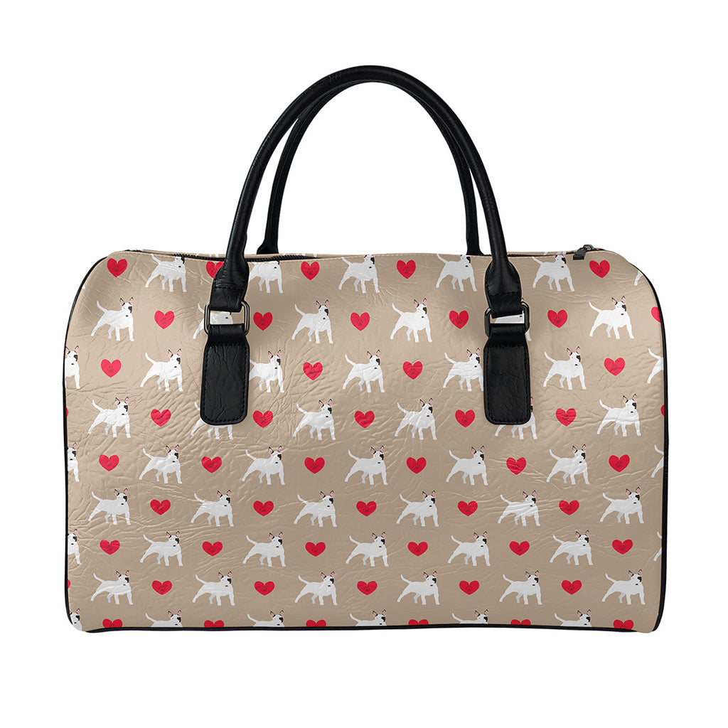 Bull Terrier Heart Pattern Print Leather Duffle Bag